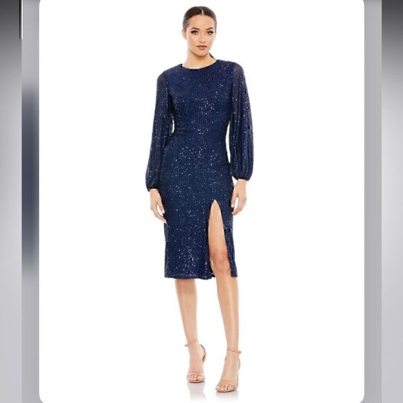 NWT Mac Duggal Midnight Blue “Sequined Puff Sleeve High Neck Dress 18 - Picture 3 of 8